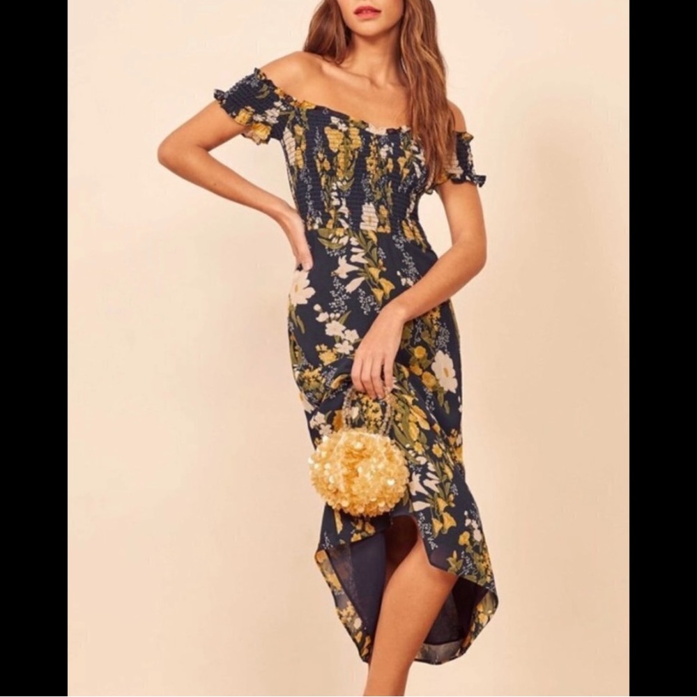REFORMATION NWOTs Murphy Dress Graciella Floral on Navy Blue w/ Yellow Sz. 4